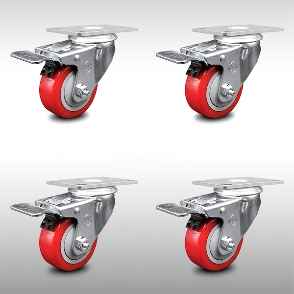 3 Inch SS Red Polyurethane Top Plate Caster Set Total Lock Brake SCC
